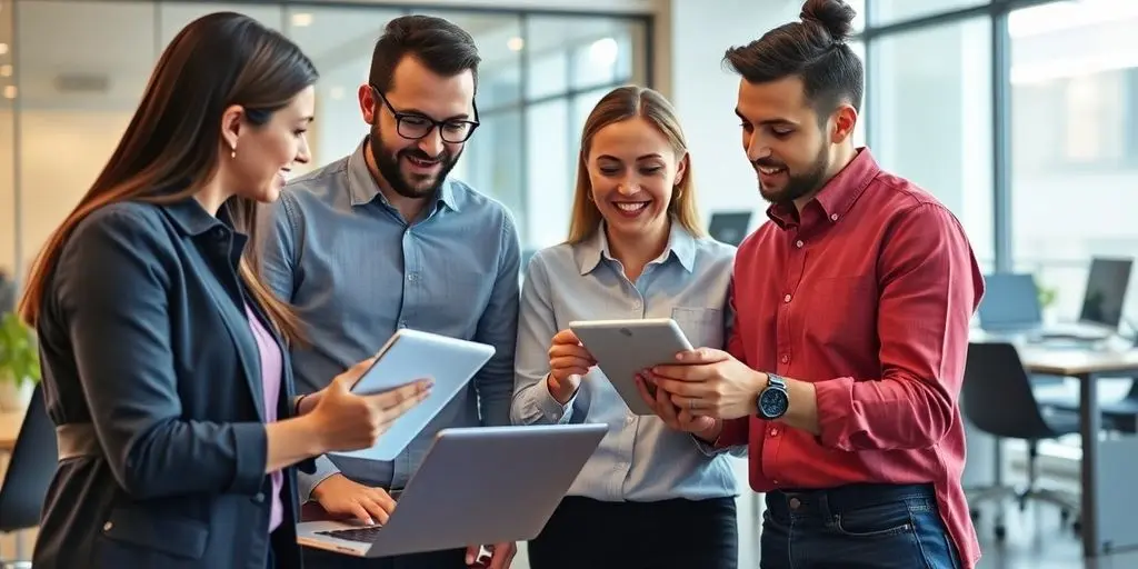 Vertriebsteam, das KI-Technologie in einem Büro nutzt.