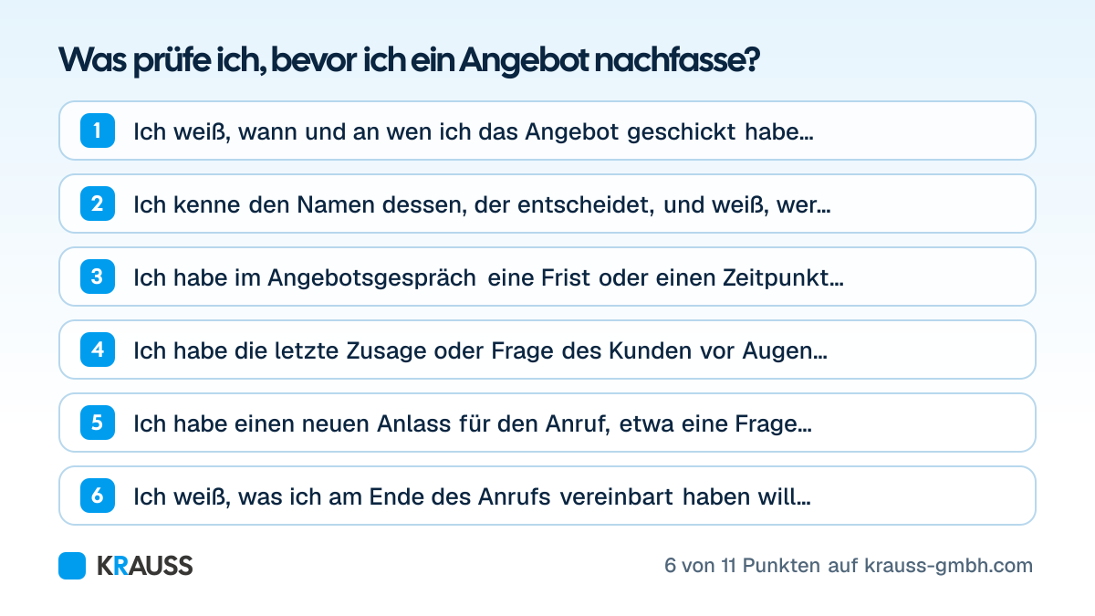 Die ersten 6 von 11 Punkten der Checkliste Was prüfe ich, bevor ich ein Angebot nachfasse? Checkliste mit elf Punkten
