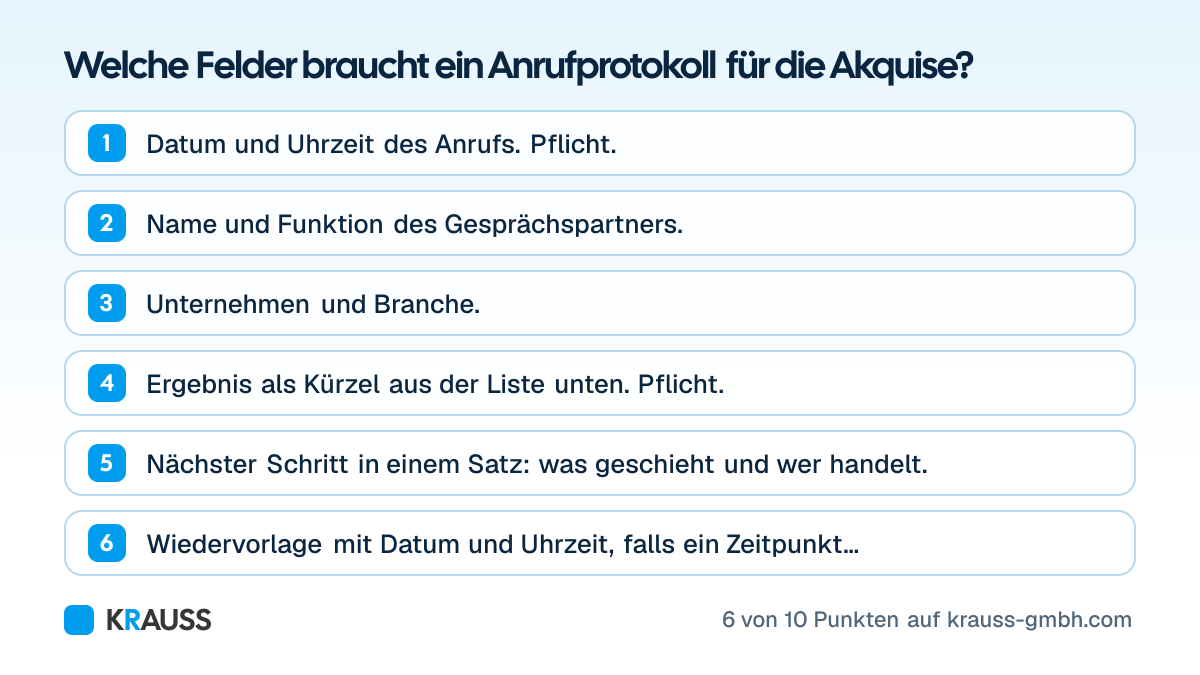 Die ersten 6 von 10 Punkten der Checkliste Welche Felder braucht ein Anrufprotokoll für die Akquise? Vorlage mit zehn Feldern