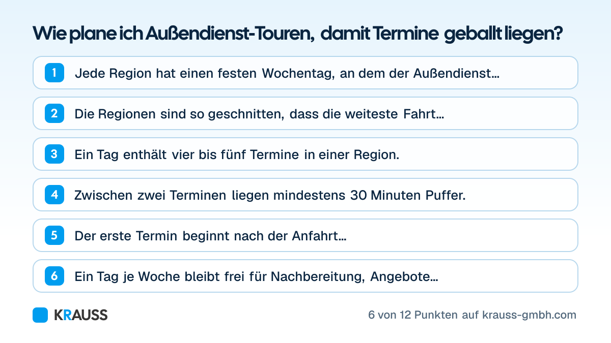 Die ersten 6 von 12 Punkten der Checkliste Wie plane ich Außendienst-Touren, damit Termine geballt liegen? Zwölf Punkte