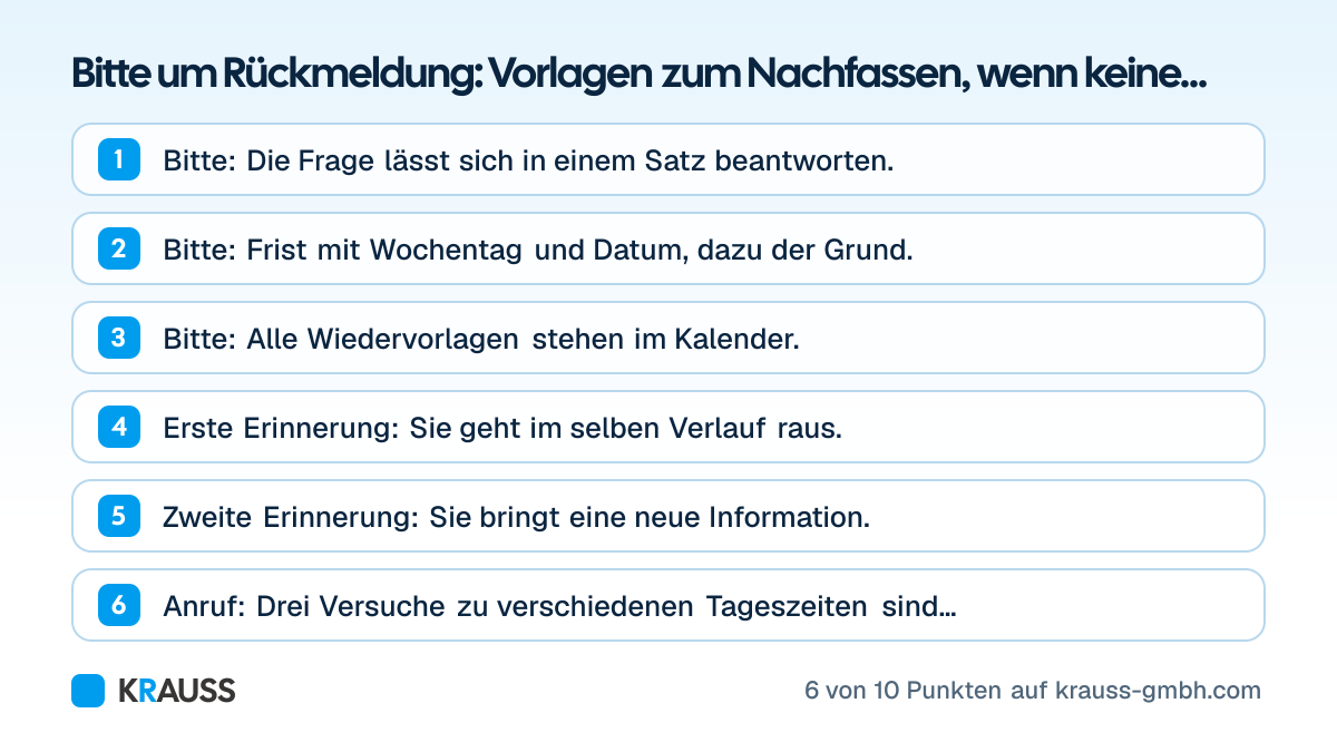Die ersten 6 von 10 Punkten der Checkliste Bitte um Rückmeldung: Vorlagen zum Nachfassen, wenn keine Antwort kommt