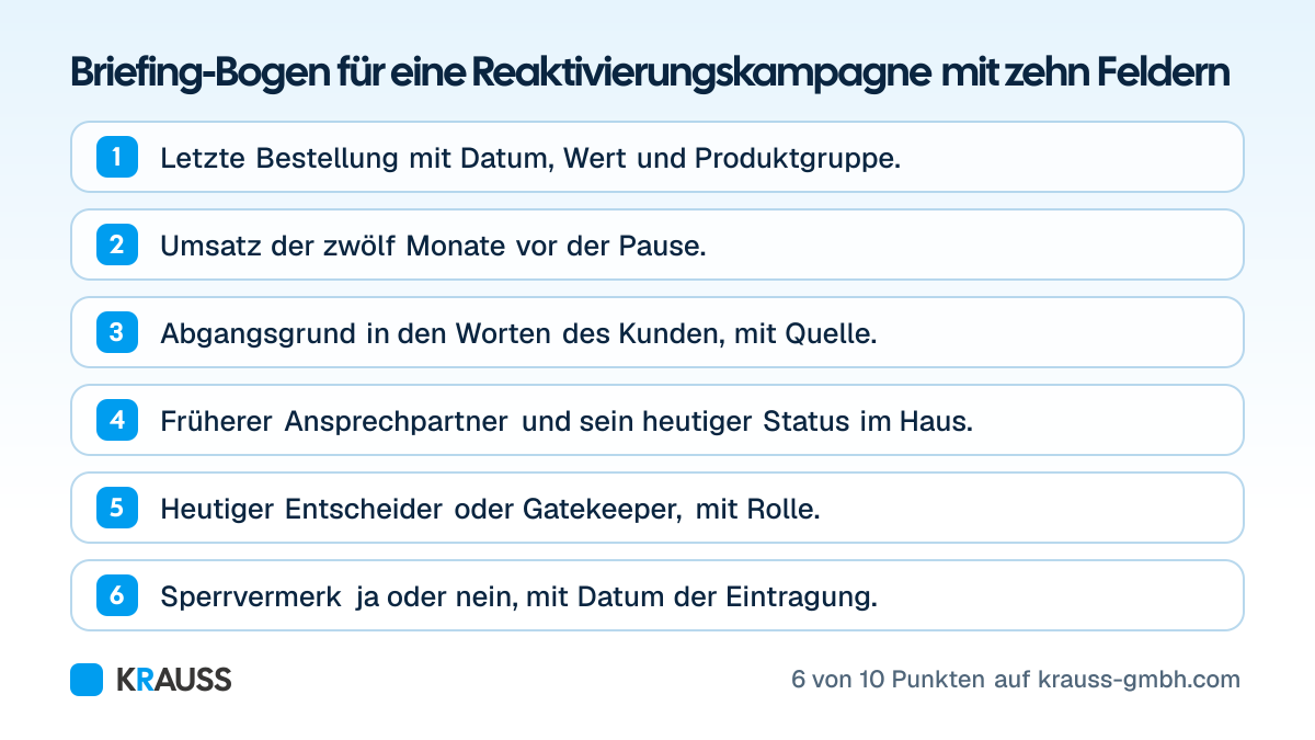Die ersten 6 von 10 Punkten der Checkliste Briefing-Bogen für eine Reaktivierungskampagne mit zehn Feldern
