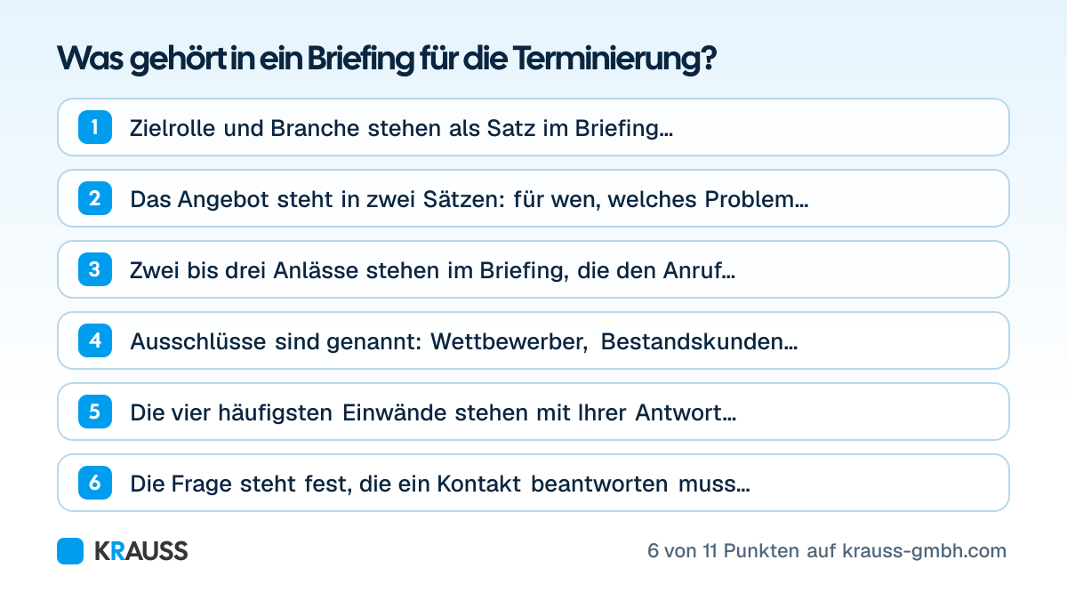 Die ersten 6 von 11 Punkten der Checkliste Was gehört in ein Briefing für die Terminierung? Checkliste mit elf Punkten