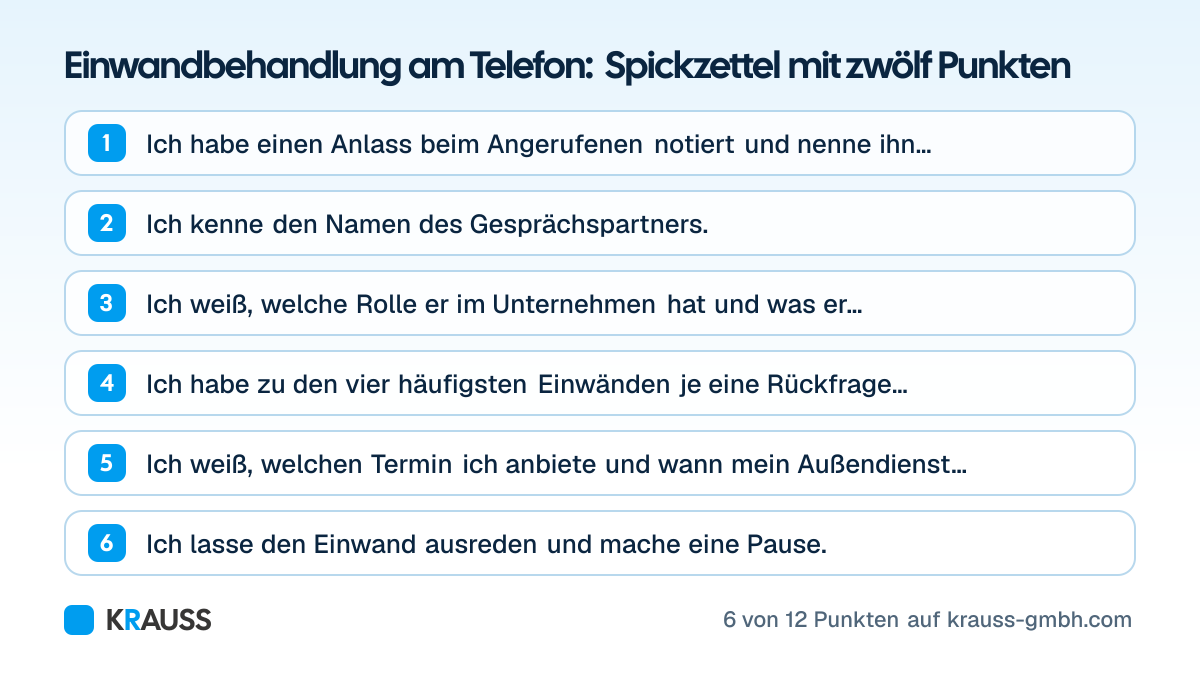Die ersten 6 von 12 Punkten der Checkliste Einwandbehandlung am Telefon: Spickzettel mit zwölf Punkten