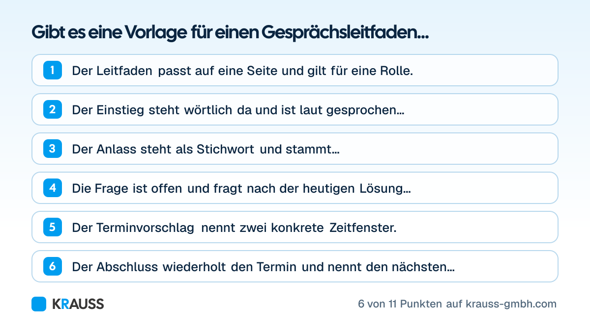 Die ersten 6 von 11 Punkten der Checkliste Gibt es eine Vorlage für einen Gesprächsleitfaden Telefonakquise? Fünf Felder