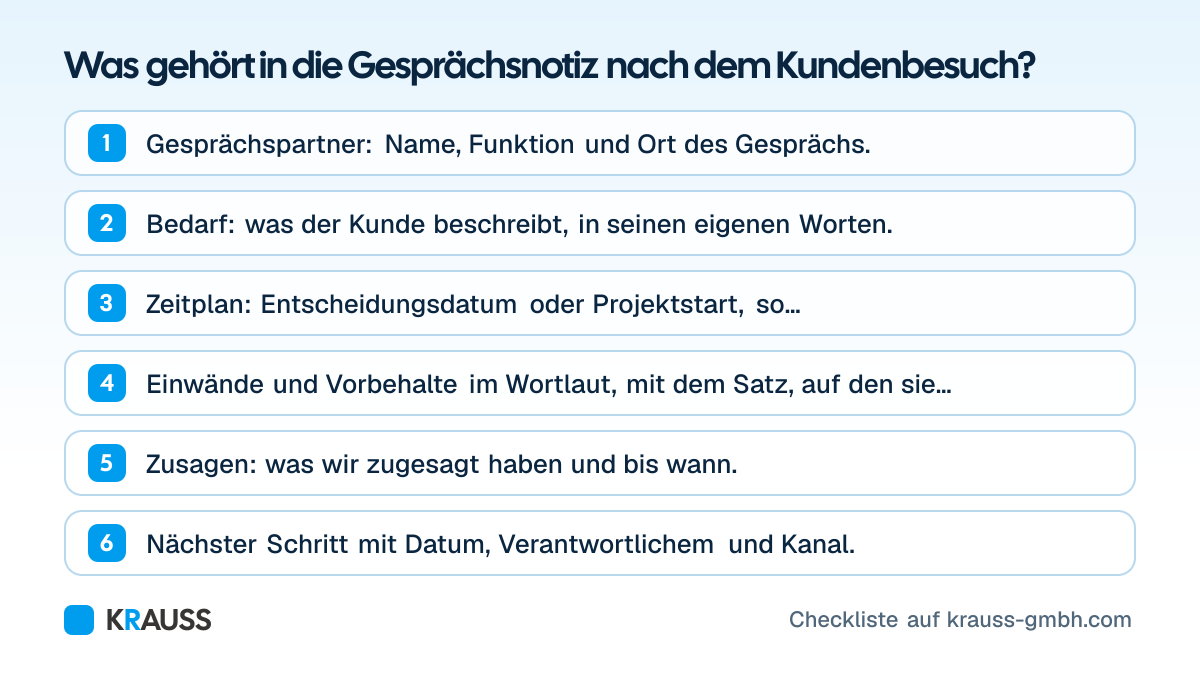 Die ersten 6 von 6 Punkten der Checkliste Was gehört in die Gesprächsnotiz nach dem Kundenbesuch? Sechs Zeilen zum Ausfüllen