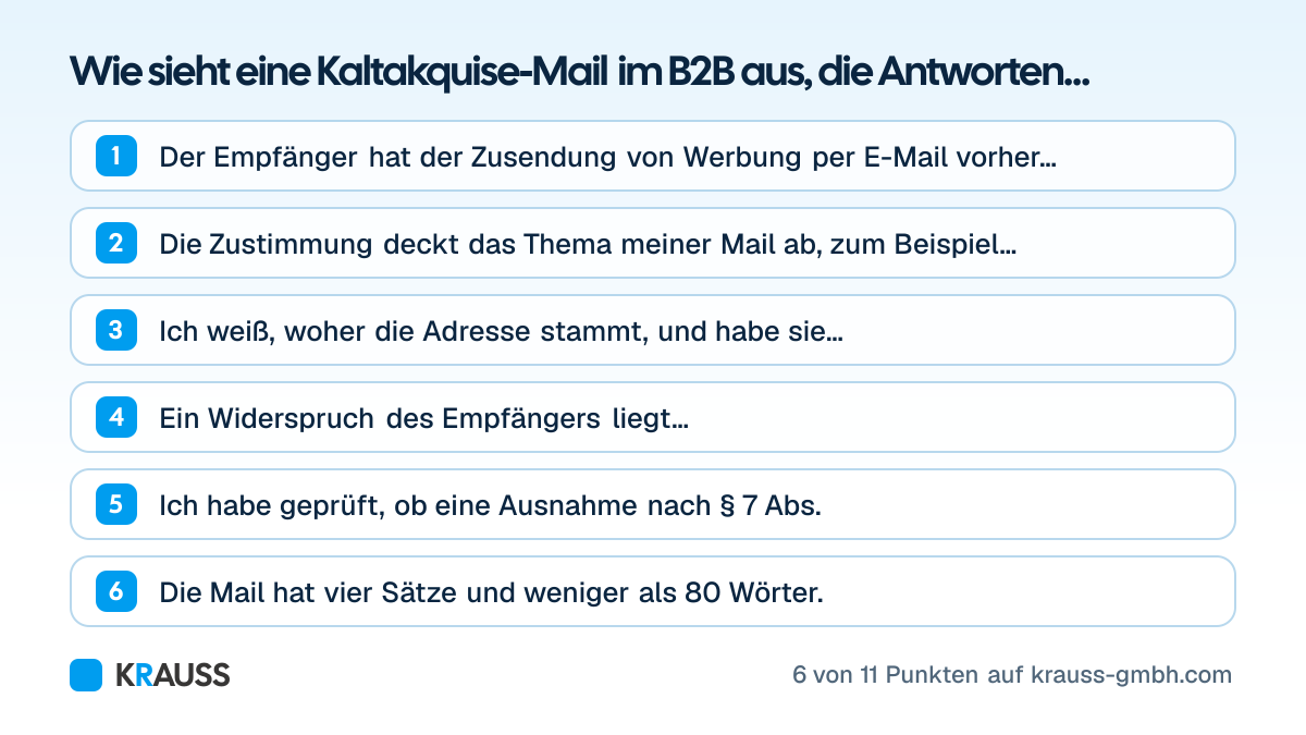 Die ersten 6 von 11 Punkten der Checkliste Wie sieht eine Kaltakquise-Mail im B2B aus, die Antworten bekommt? Drei Vorlagen