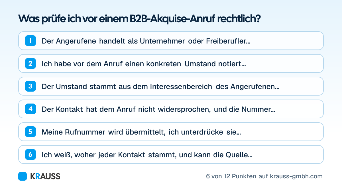 Die ersten 6 von 12 Punkten der Checkliste Was prüfe ich vor einem B2B-Akquise-Anruf rechtlich? Checkliste mit zwölf Punkten