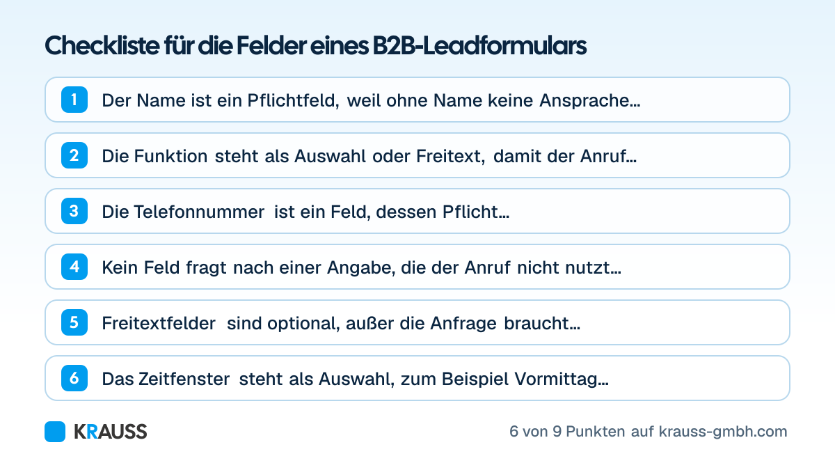 Die ersten 6 von 9 Punkten der Checkliste Checkliste für die Felder eines B2B-Leadformulars