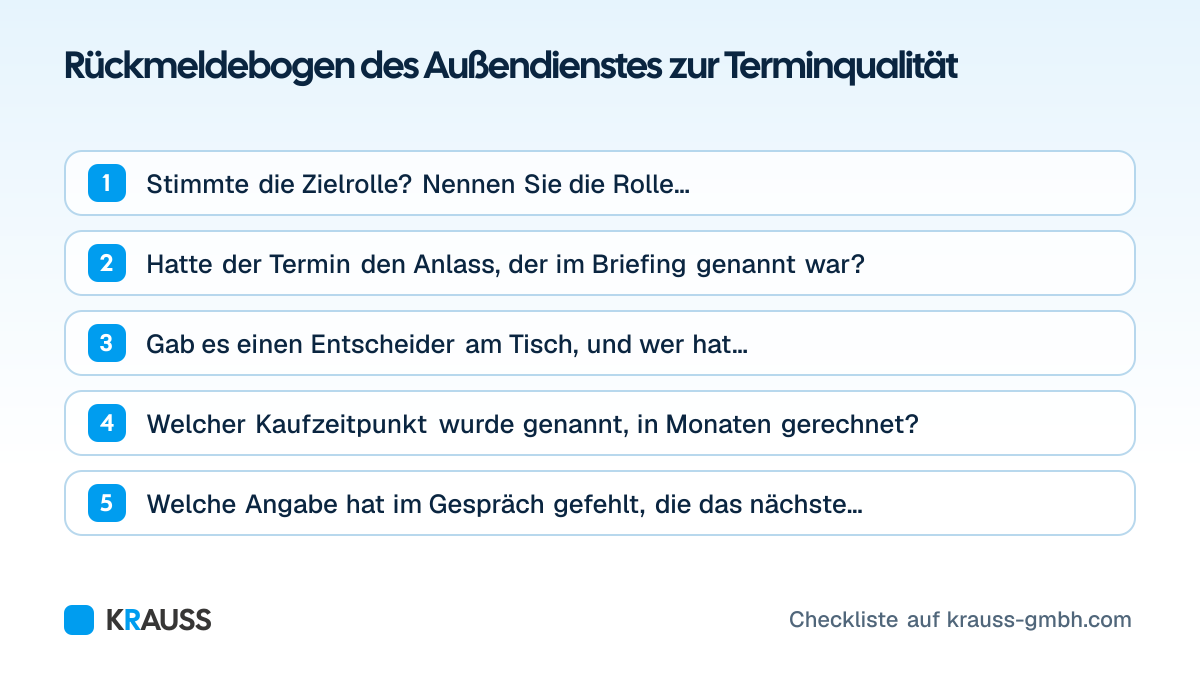 Die ersten 5 von 5 Punkten der Checkliste Rückmeldebogen des Außendienstes zur Terminqualität