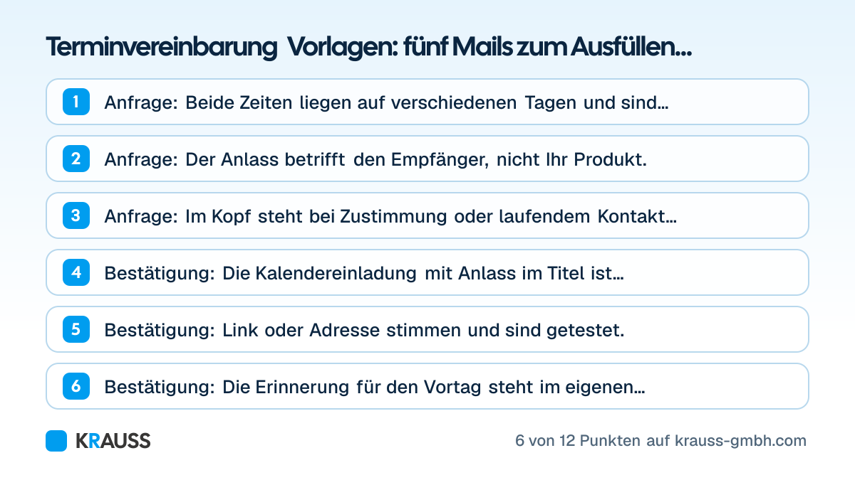 Die ersten 6 von 12 Punkten der Checkliste Terminvereinbarung Vorlagen: fünf Mails zum Ausfüllen und Drucken