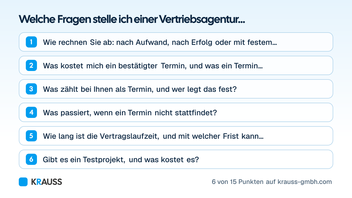 Die ersten 6 von 15 Punkten der Checkliste Welche Fragen stelle ich einer Vertriebsagentur vor Vertragsabschluss? 15 Fragen