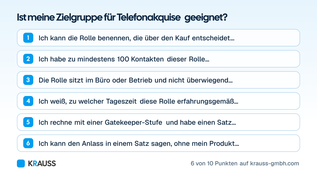 Die ersten 6 von 10 Punkten der Checkliste Ist meine Zielgruppe für Telefonakquise geeignet? Checkliste mit zehn Fragen
